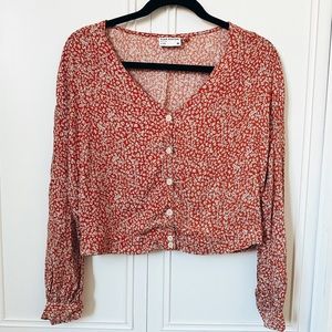 Frank And Oak Long Sleeve Orange Floral Button Down Blouse Top